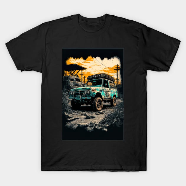 Teal Safari pick up truck in the ruined world T-Shirt by KoolArtDistrict